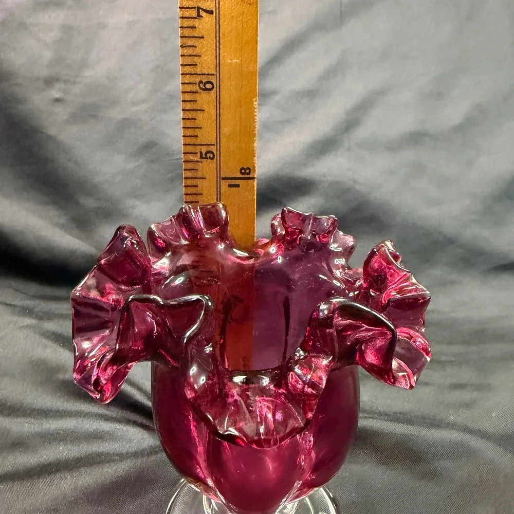Vintage Fenton Cranberry Glass Melon Ribbed Vase Ruffled Rim Clear Pedestal Foot